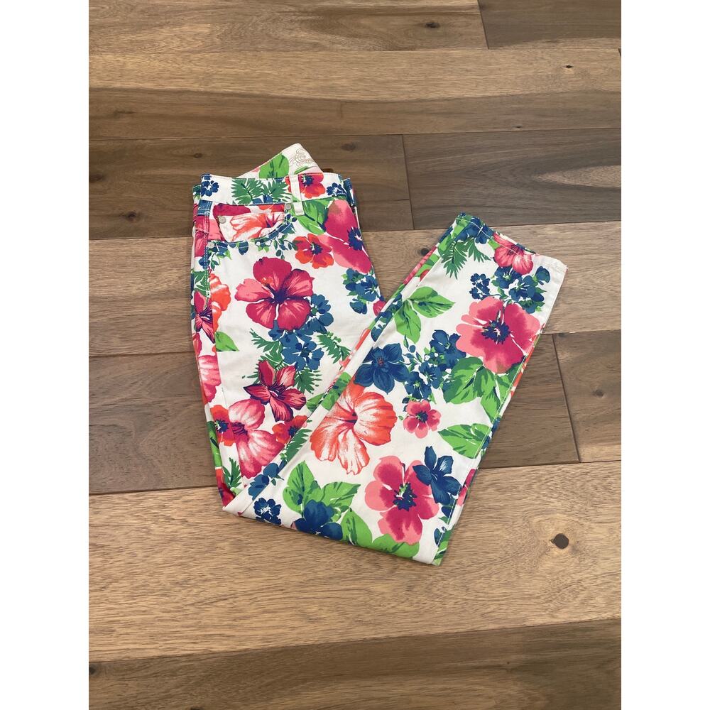 Hannah Denim Size 8 White Cotton Pants with Bright Floral Design